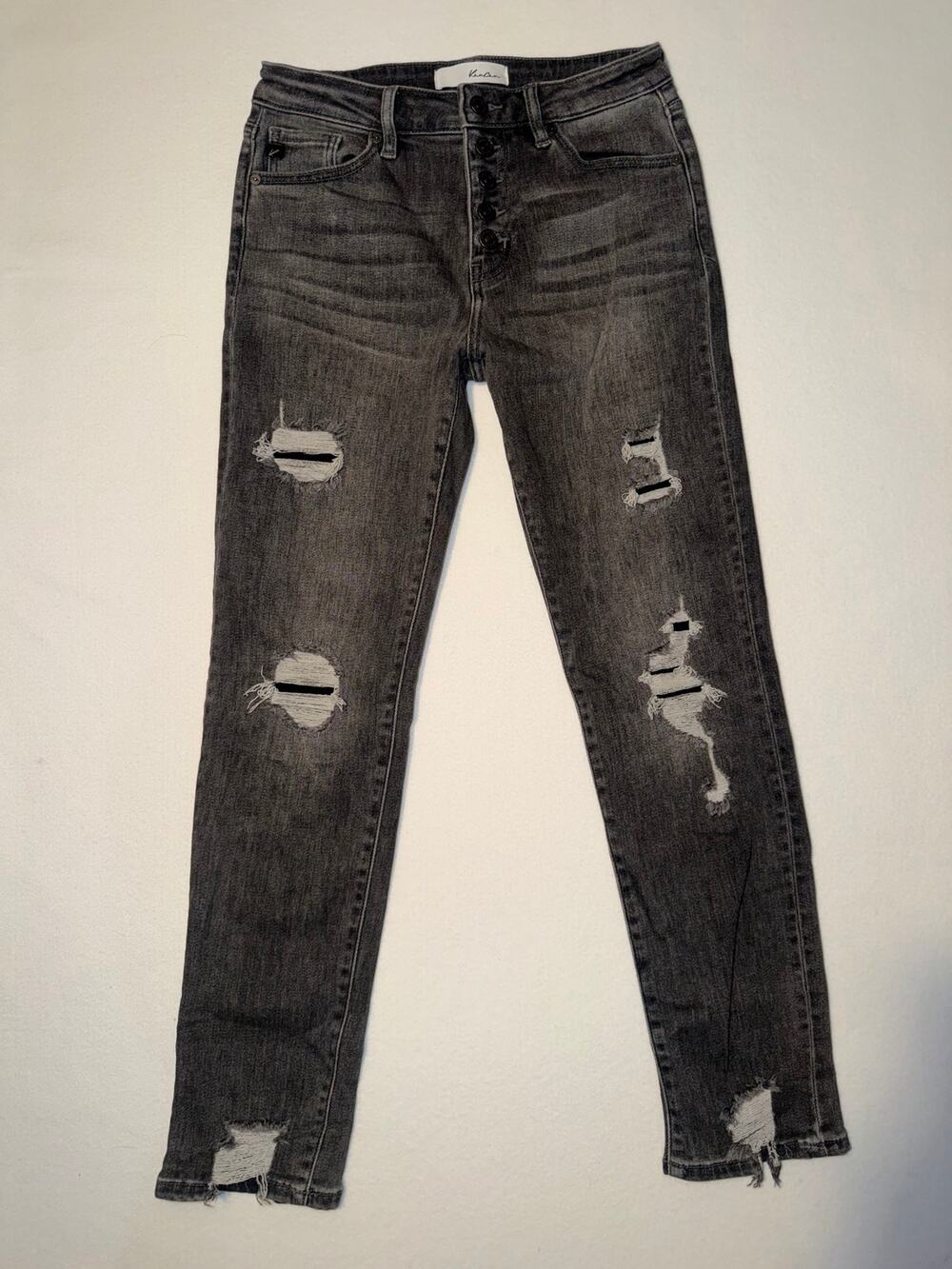 Kancan women’s grey distressed button zipper Janis high rise straight jeans